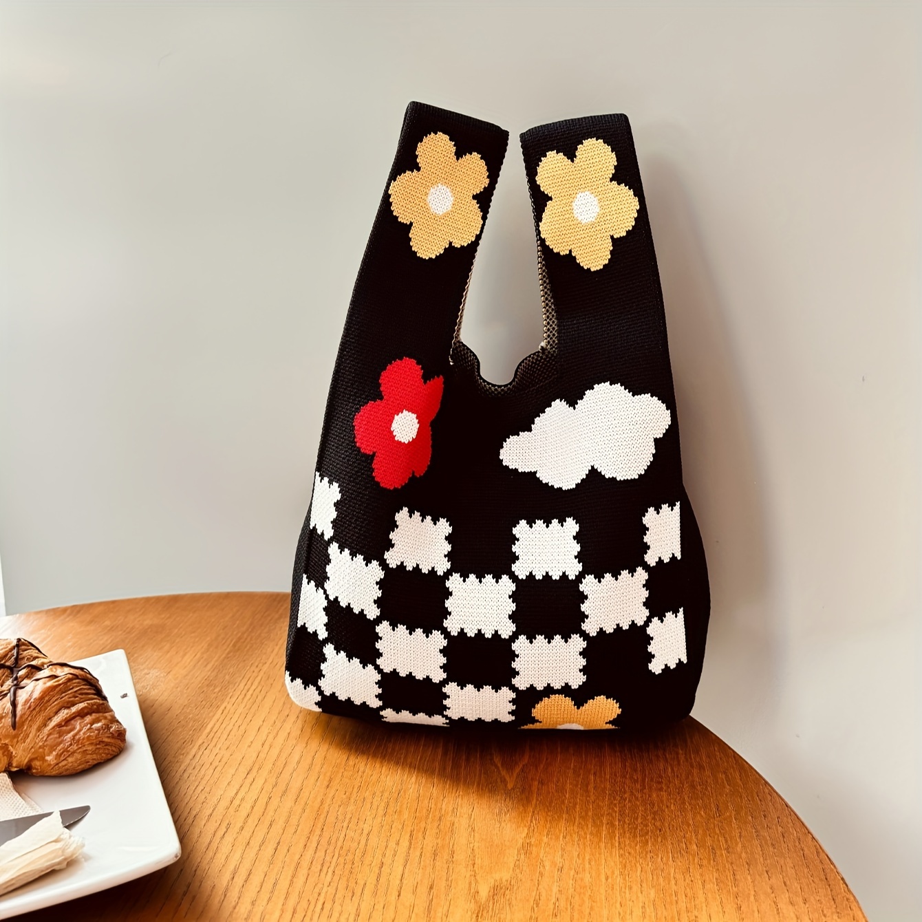 

Flower & Checkerboard Pattern Knitted Satchel Bag, Stylish Crochet Shopping Handbag For Women