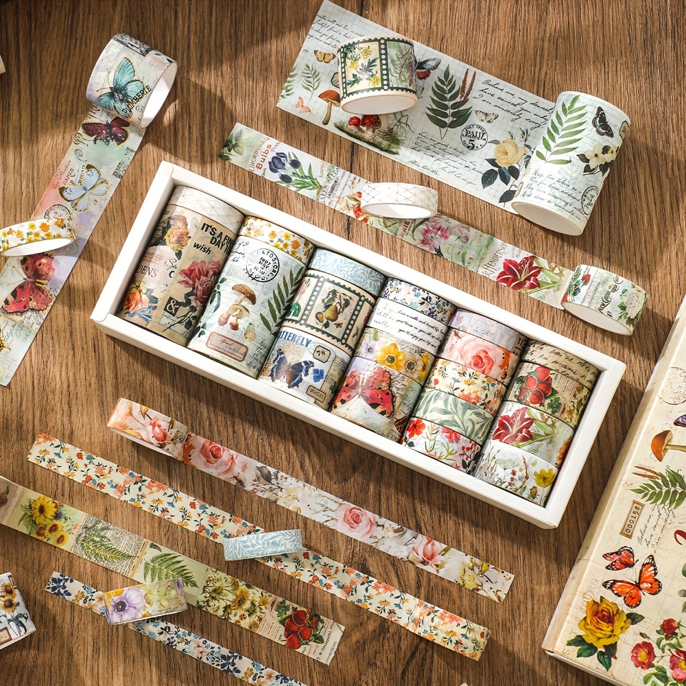 18 Rolls Vintage Washi Tape Set Nostalgic Letter Butterfly Decorative Tape  Diy Diary Album Scrapbooking Collage Material Masking