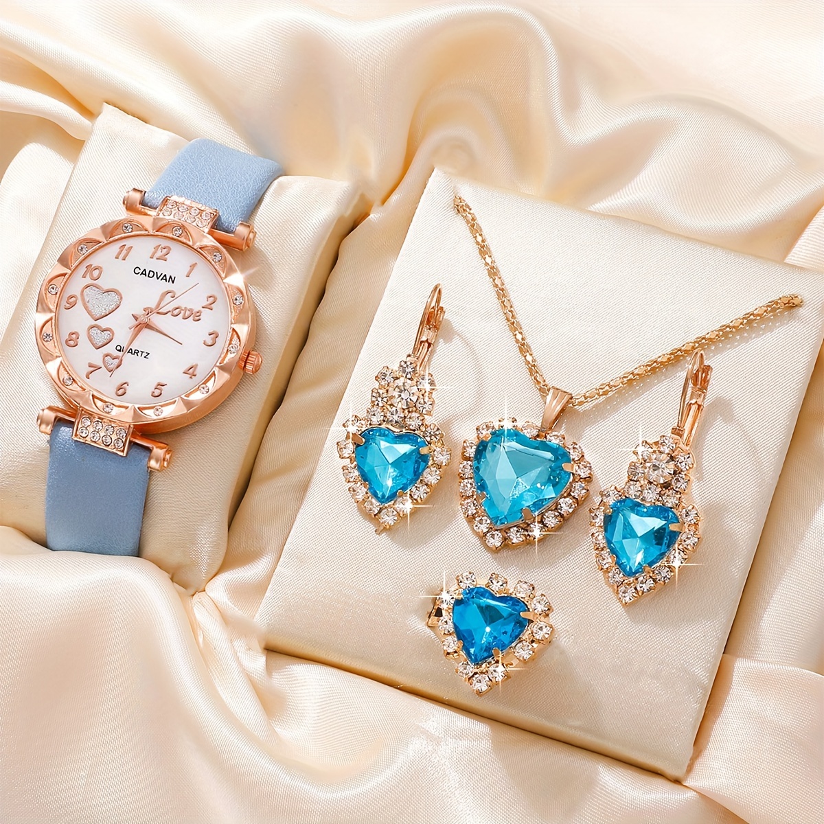 5pcs set womens watch cute heart quartz watch luxury rhinestone analog wrist watch jewelry set gift for her blue 11