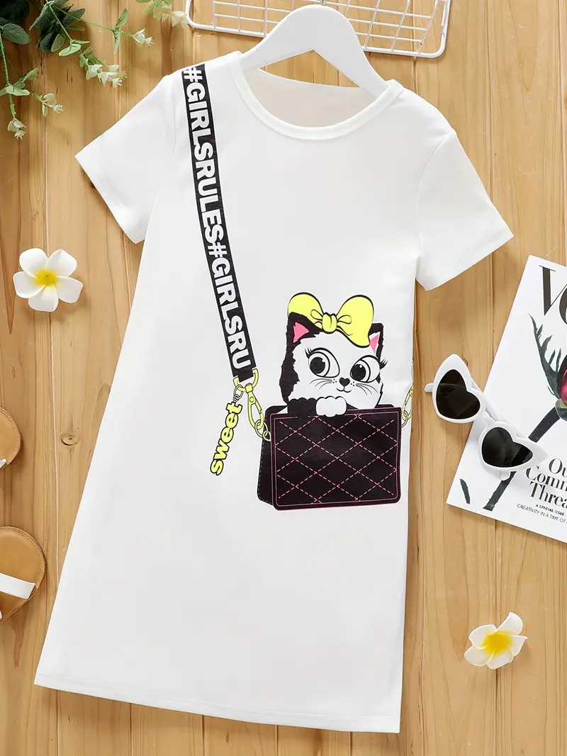 toddler girls short sleeve cute creative messenger bag cat graphic casual dress for party kids summer clothes details 6