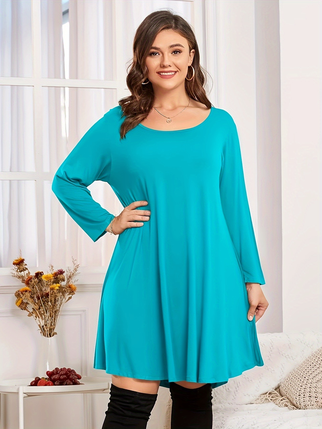 Plus Size Casual Dress Women's Plus Solid Long Sleeve Round - Temu Canada