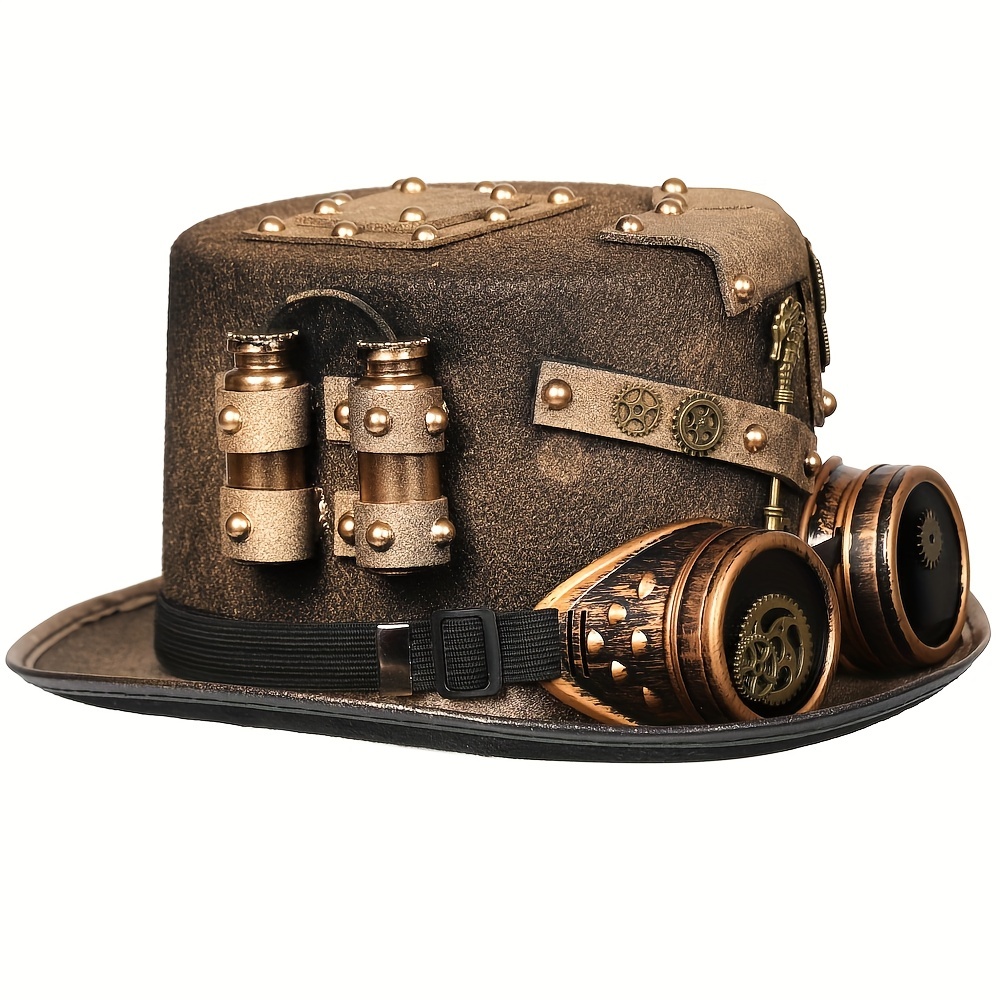 Unisex Gothic Steampunk Hat Gold Bottle Metal Gear With Goggles For Men And Women Stage Performance Halloween - Click Image to Close