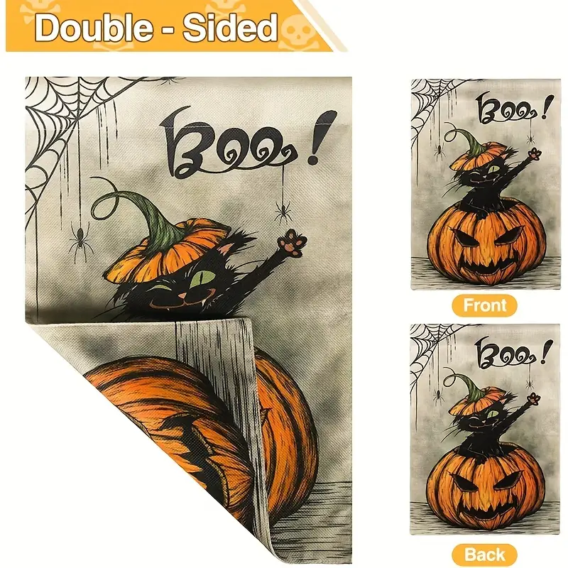 1pc Halloween Garden Flag 12 5 X 18 Inch Vertical Double Sided Pumpkin Spider Cat Boo Halloween Flags Burlap Small House Yard Flag For Outdoor Indoor Decoration details 3