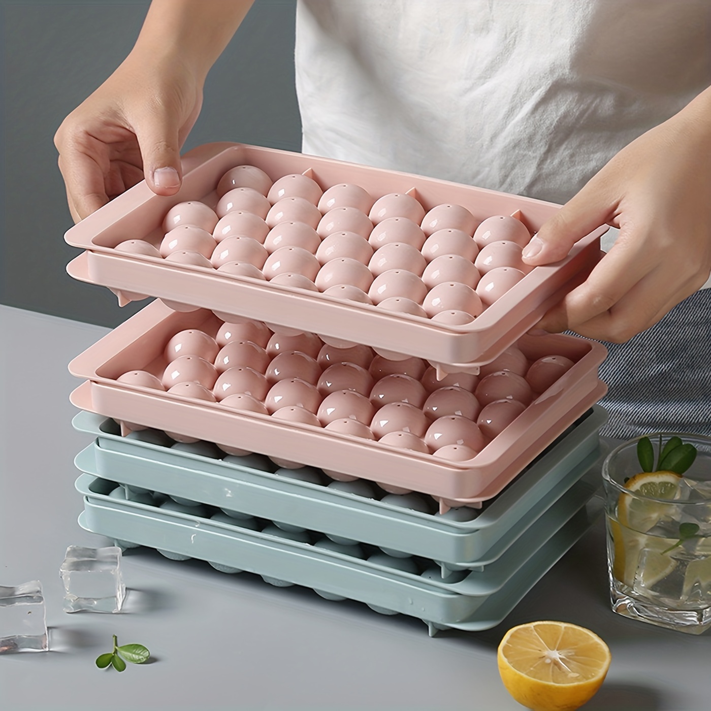 Round Ice Cube Tray Set With Lid Bin Ice Ball Maker Mold For - Temu
