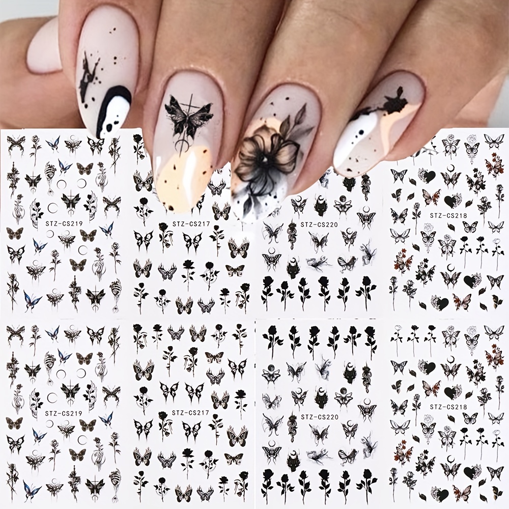 

8 Sheets, Gothic Nail Art Stickers, Self Adhesive Nail Art Decals With Black Rose Butterfly And Designs, Nail Art Supplies For Women And Girls