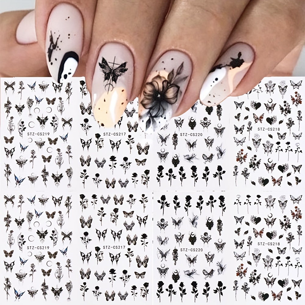 Gothic Nail Art Stickers Self Adhesive Decals Rose Butterfly Skull Designs