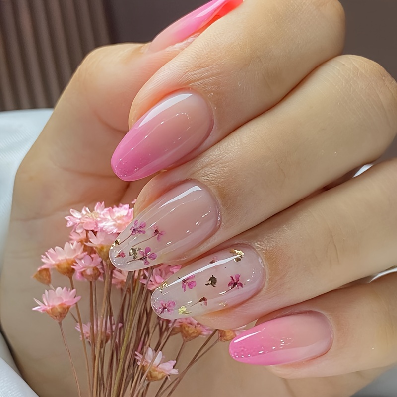 

24pcs Medium-length Almond Shaped French Ombre False Nails With Nail Glue & File Pink Flower Print For Women Summer Fake Nails