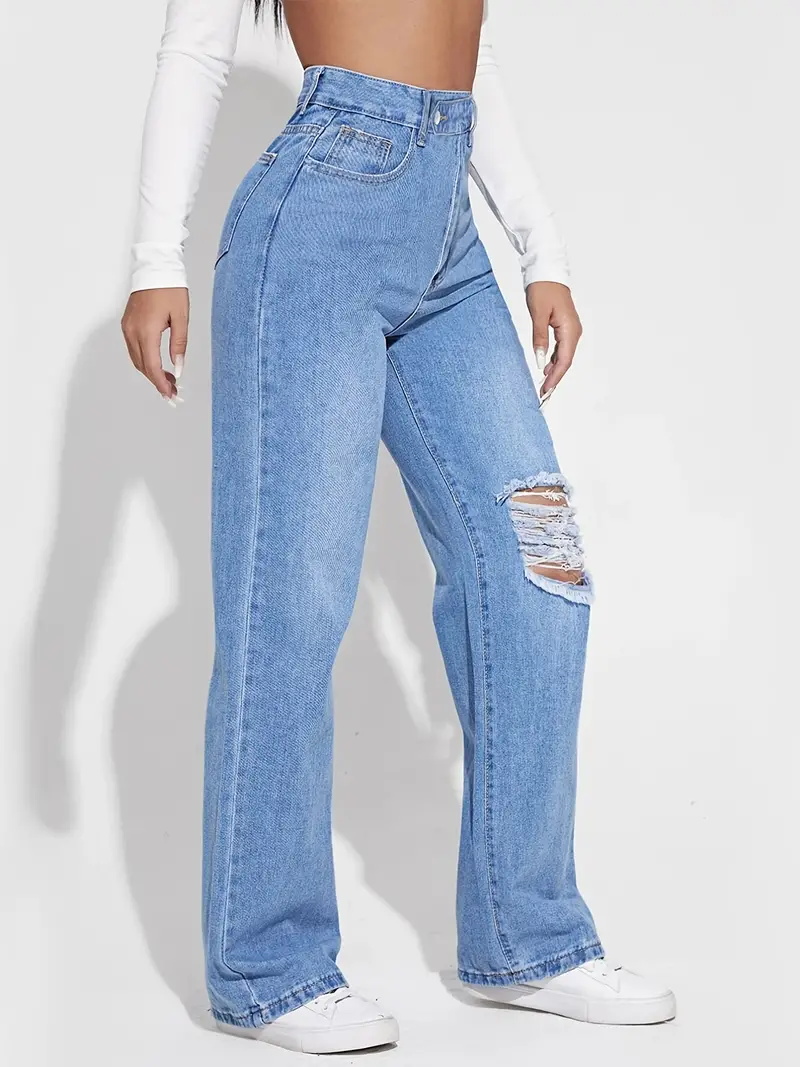 Pantalones de mezclilla rasgados de cintura alta azul, jeans rectos de  corte holgado con bolsillos oblicuos de tiro alto desgastados, jeans y ropa  de