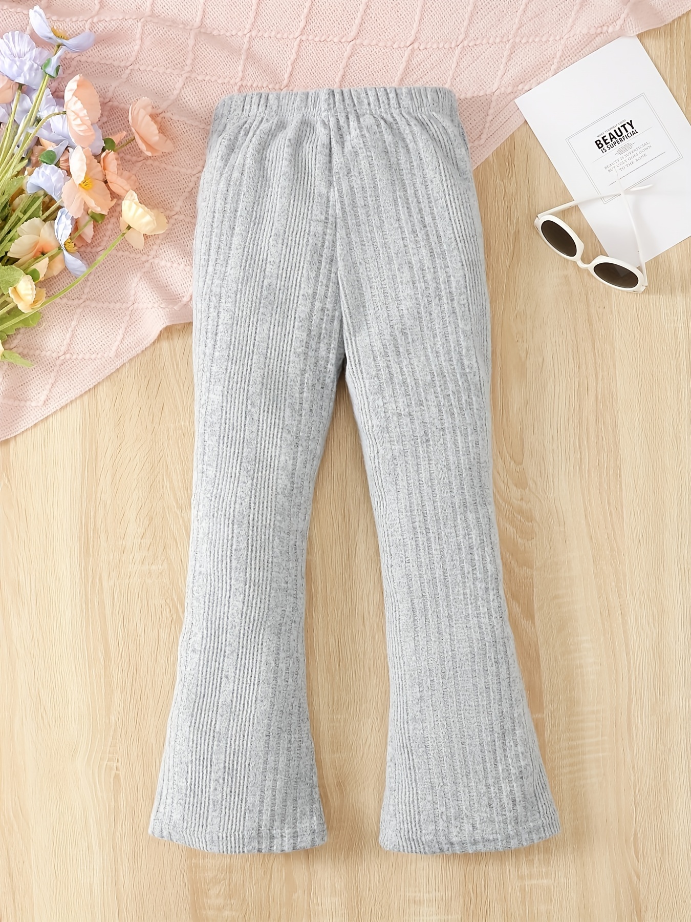 Solid Rib Knit Flare Leg Pants Casual Elastic Waist Comfy - Temu