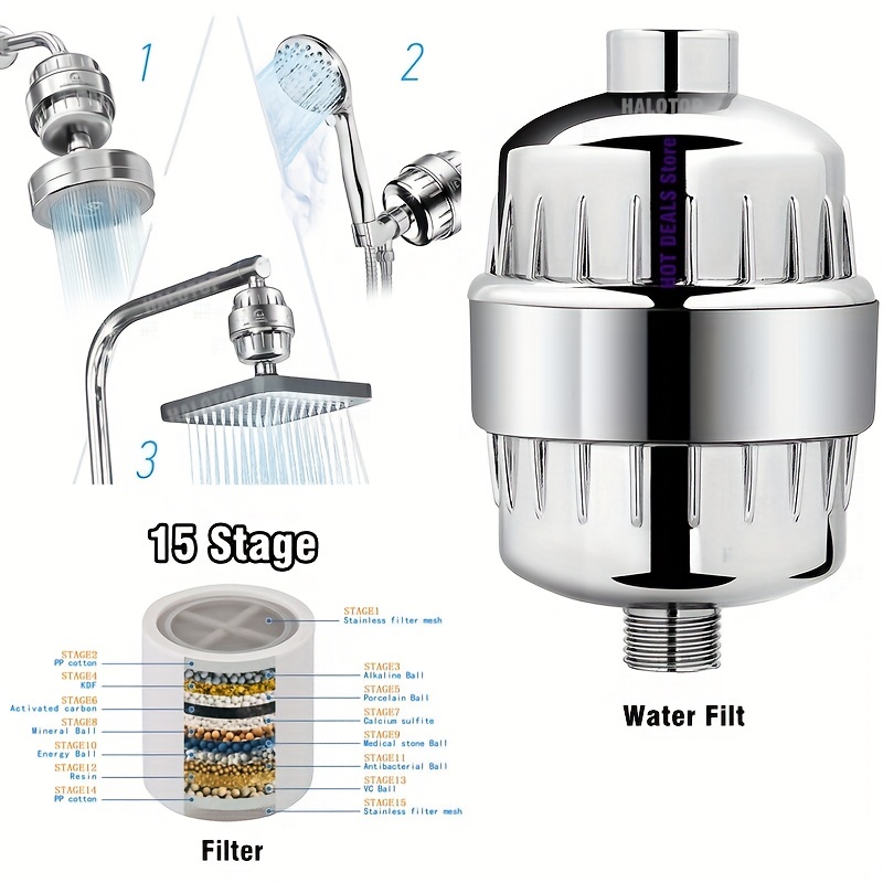 ADOVEL - Cabezal de ducha de alta potencia y filtro de agua dura, filtro de  ducha de 15 etapas elimina el cloro y sustancias nocivas, cabezal de ducha