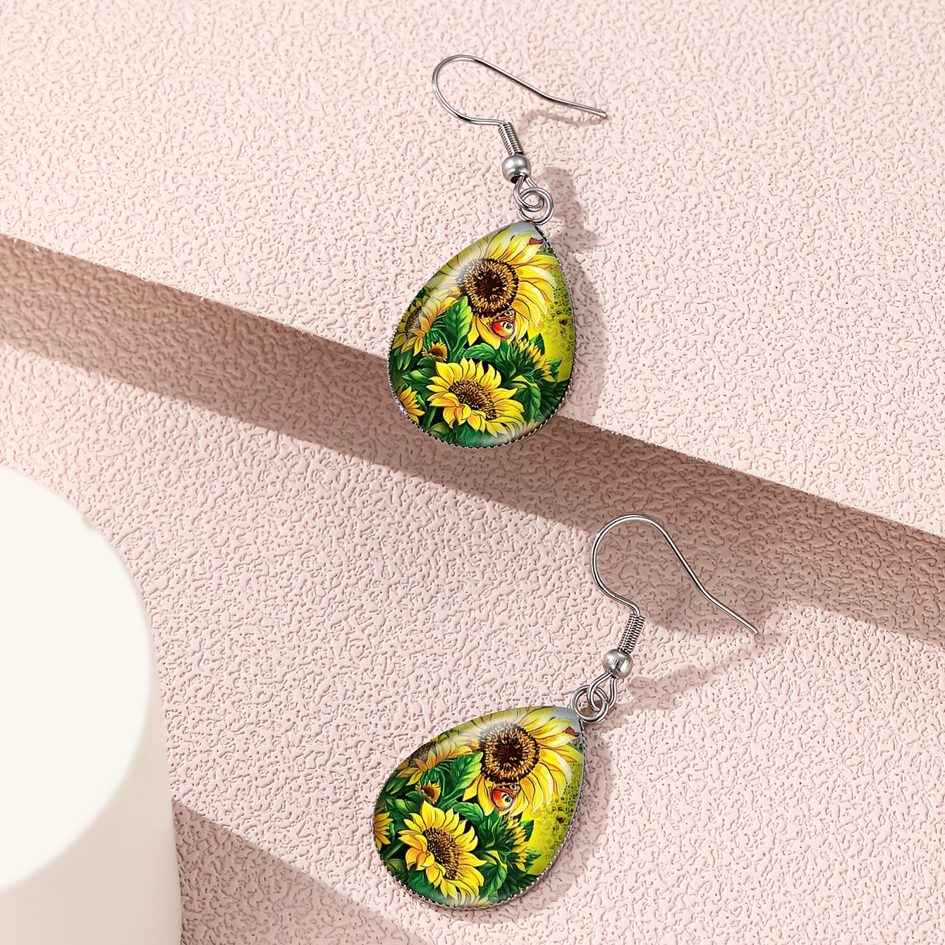 Elegant Sunflower & Hummingbird Teardrop Earrings