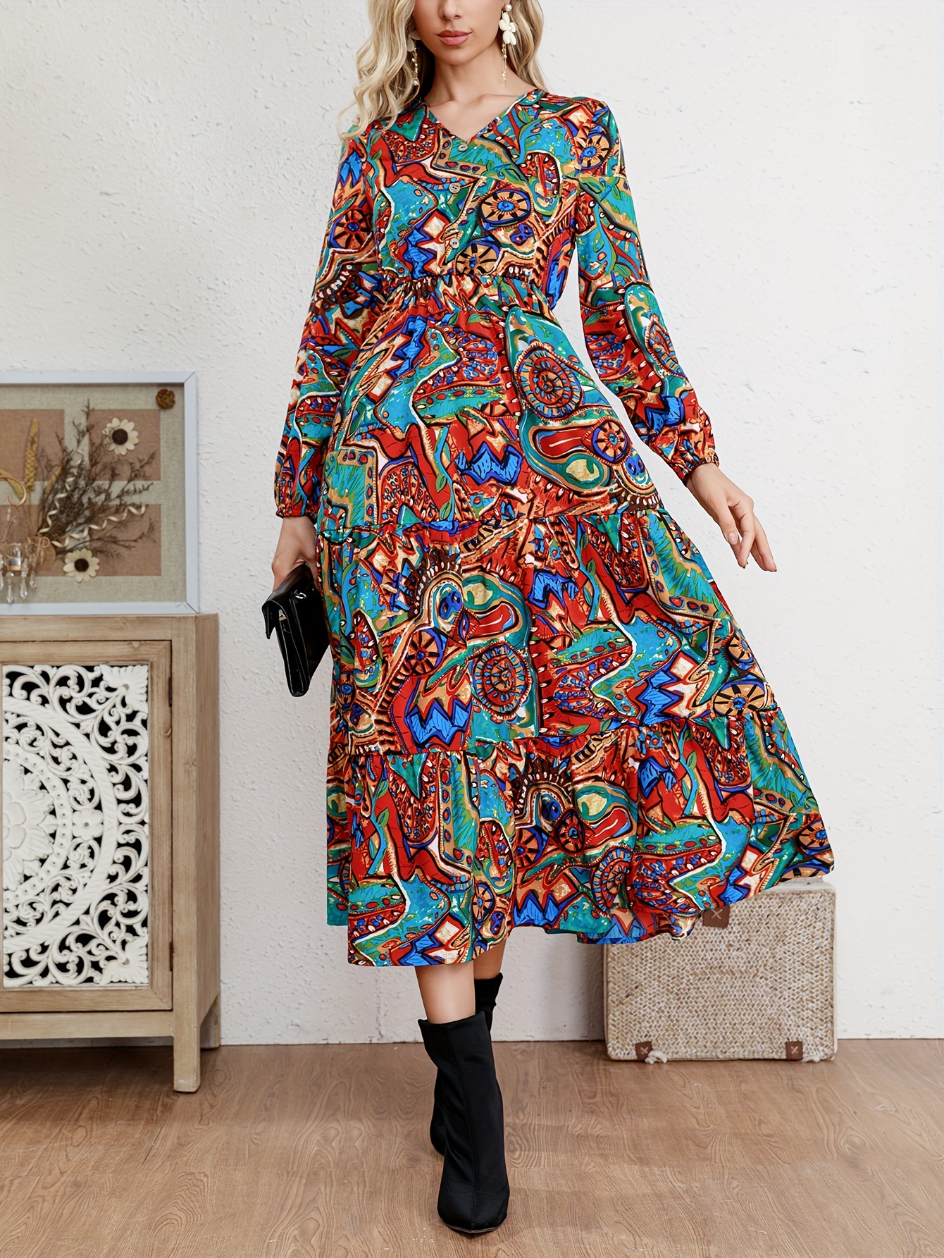 Paisley Print Shirred Waist Dress, Boho Elegant Long Sleeve Maxi Dress,  Women's Clothing