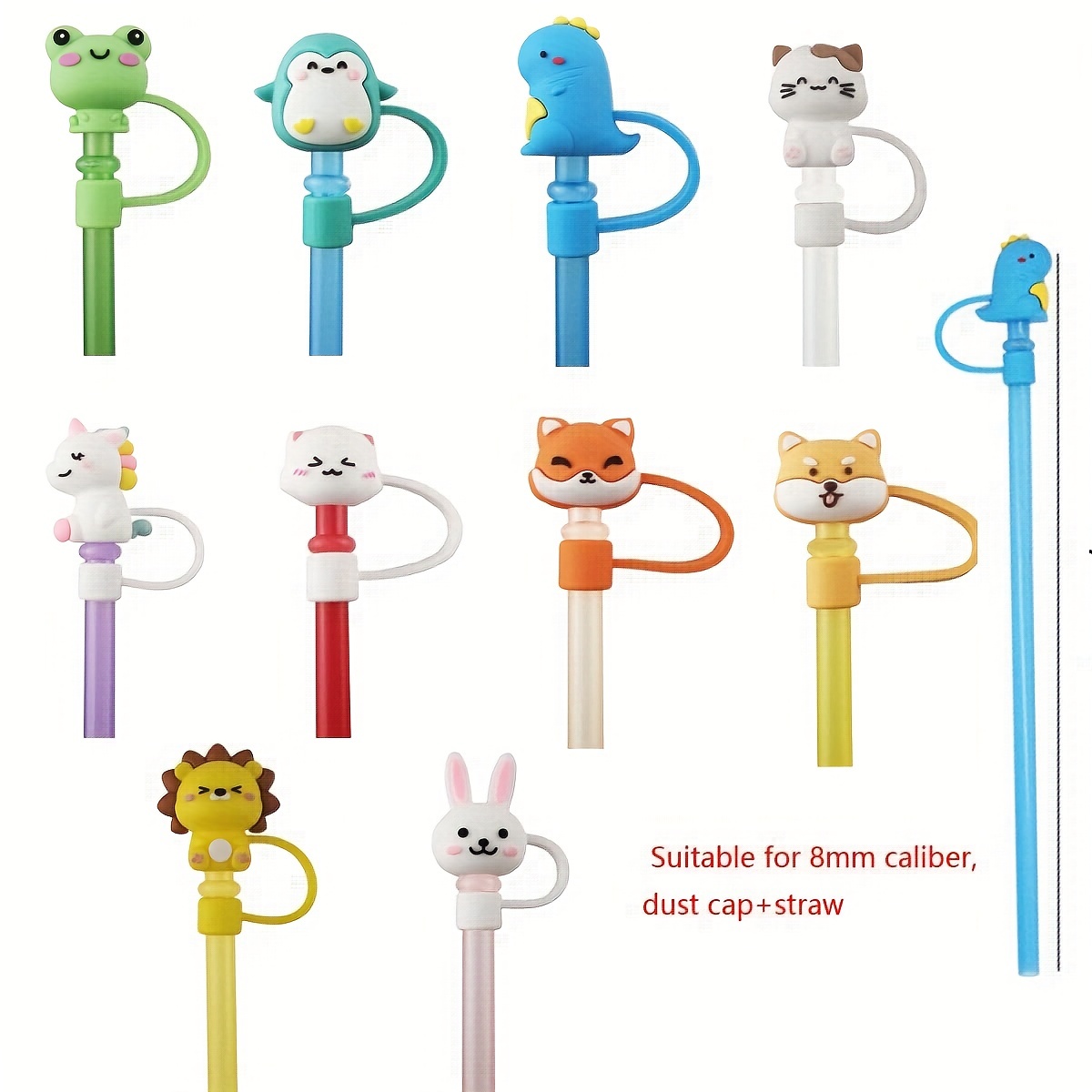 12 Pcs Animals Silicone Straw Covers Cap Reusable Straw Tip Covers Straw Topper Drinking Straw Cover Cute Straws Plugs for 6-8 mm Straws, Birthday