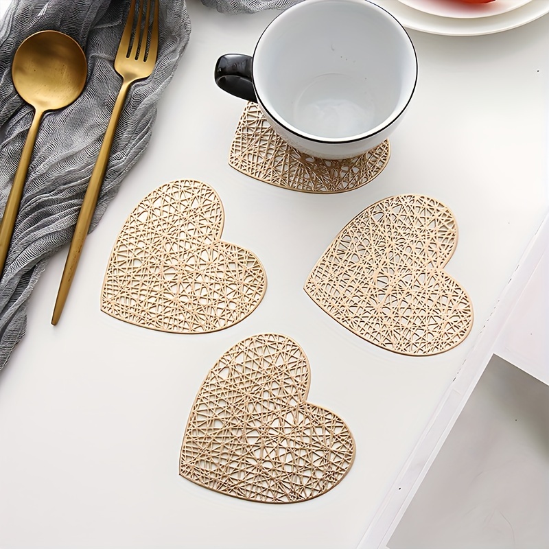 

4pcs, Placemats, Creative Love Heart Shape Small Coaster, Household Decorative Meal Coaster, Pvc Heat Insulation Bronzing Coaster, Coffee Non-slip Placemat, Dining Table Decor