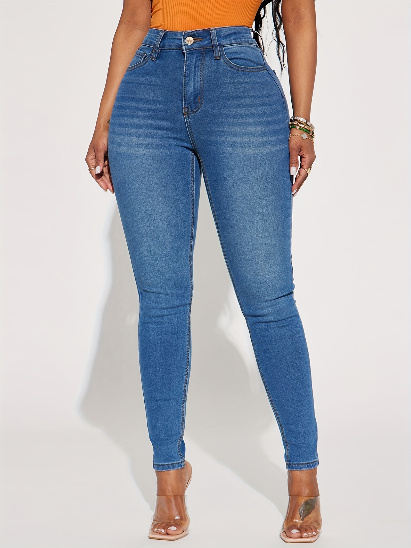 High * Plain Design Dark Blue Super Skinny Jeans, Pantalones de mezclilla  de cintura alta con entrepierna en relieve con ondas de agua, Jeans de me