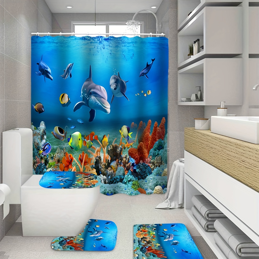  RnnJoile Juego de baño de caballito de mar de 4 piezas con  cortina de ducha, alfombra antideslizante, cubierta para tapa de inodoro,  alfombra de baño, criaturas oceánicas, cortina de baño, tela