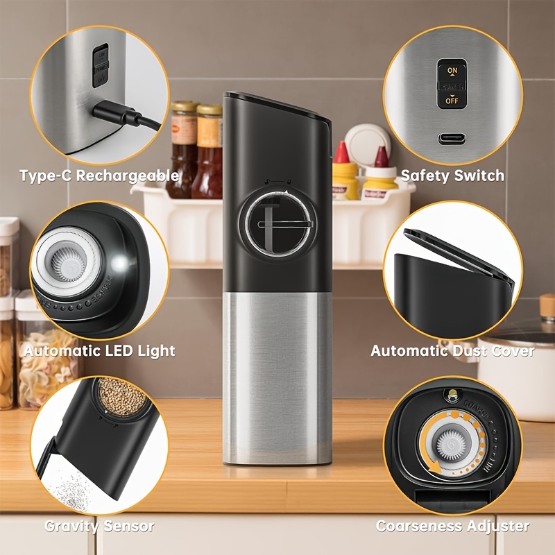 Gravity Automatic Salt and Pepper Grinder: Rechargeable USB Cable  Adjustable Coarseness Large Capacity Refillable Auto Dust Cover Safety  Switch White