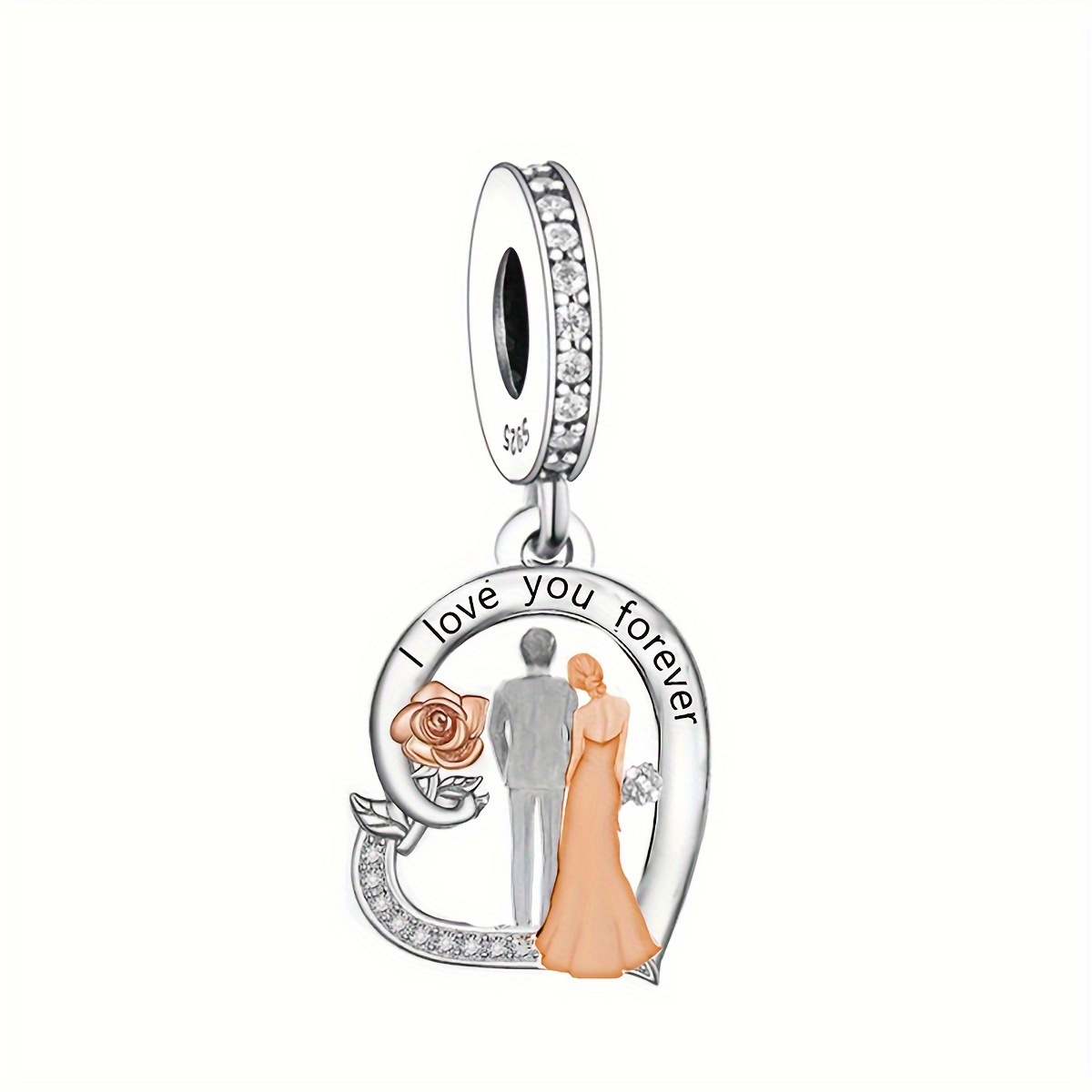 

1pc 925 Sterling Silvery Couple Charm With Heart & , Synthetic Zirconia , White Golden Plated Pendant For Making, Elegant Gift For Women, Necklace, Beads, Birthday Or Holiday Gifts