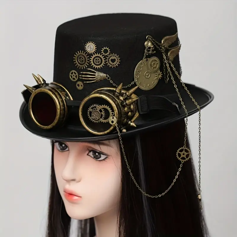 Sombreros De Copa Steampunk Negros Con Cadena De Metal, Sombrero De Disfraz  De Halloween Con Gafas, Tocado Victoriano, Accesorios De Disfraz Para Muje