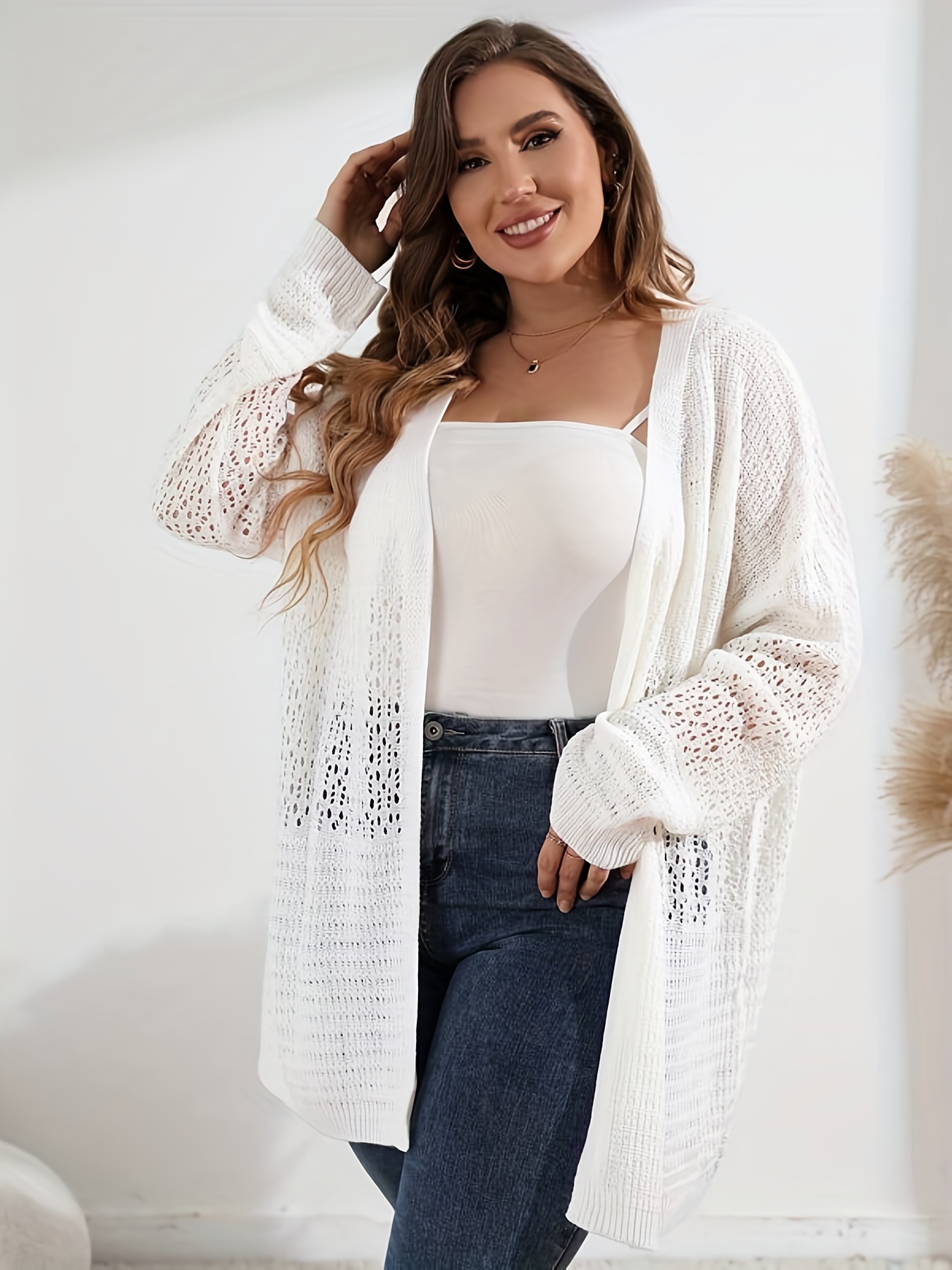 Plus Size Sexy Knit Top Women's Plus Solid Pointelle Knit - Temu Canada