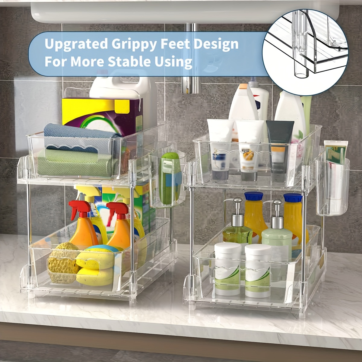 Clearstorage Under Sink Organizers and Storage, 2 Tier Under Sink Organizer Pull Out Sliding Under Bathroom Cabinet Organizer with Non-Slip Feet for