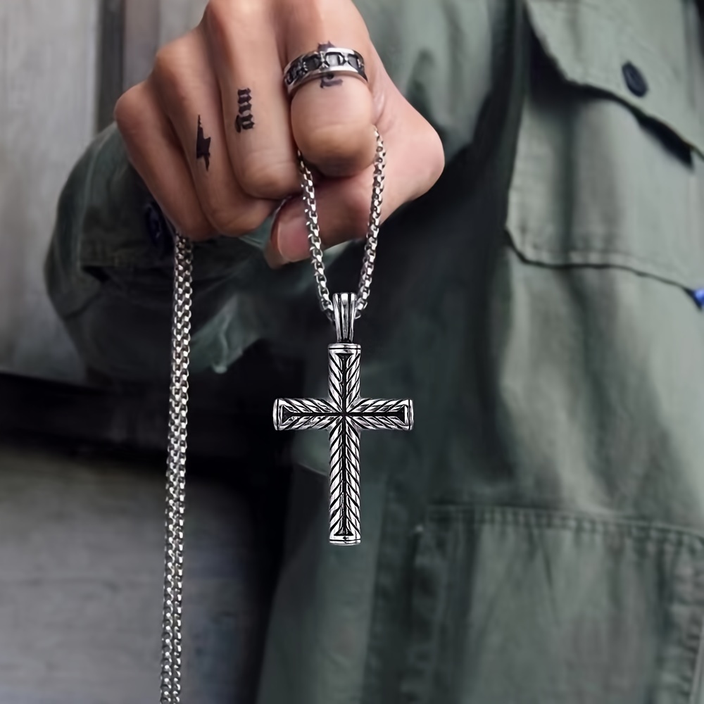 1pc stripe cross cool pendant necklace mens trendy stainless steel necklace fashion accessories details 6