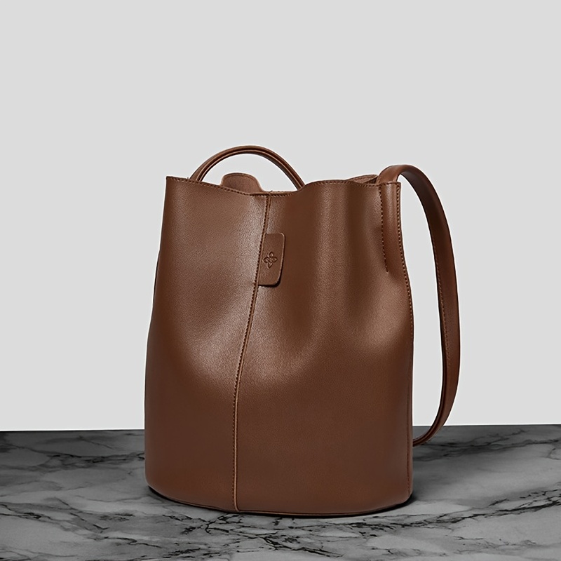 Vintage Minimalist Bucket Bag, Solid Color Shoulder Bag, Women's