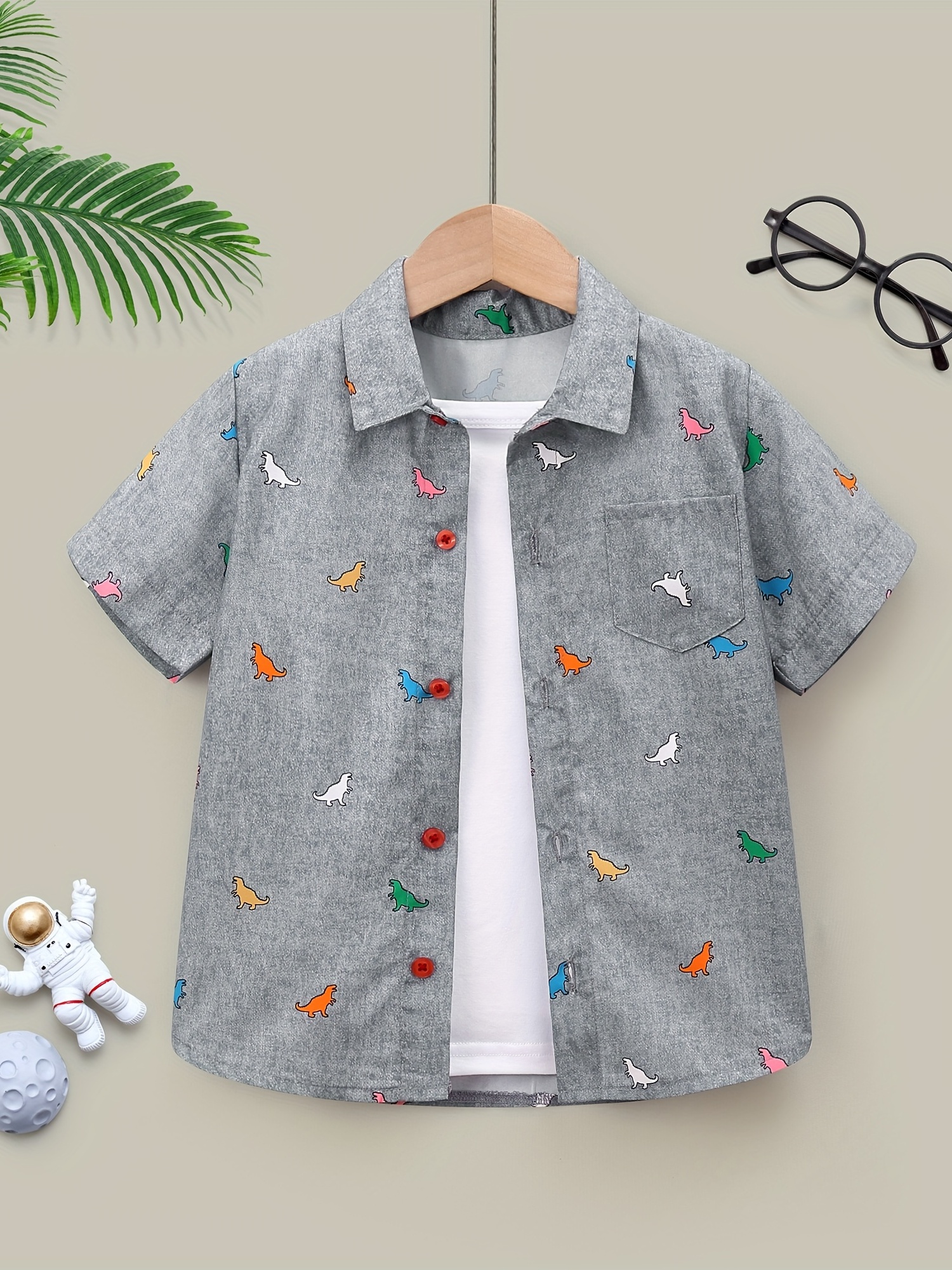 Dinosaur Graphic Print Boys Casual Short Sleeve Shirt