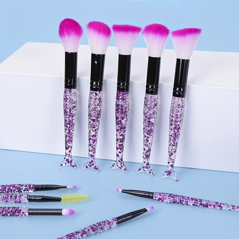 Mermaid Makeup Brush Set 10PCS Crystal Plastic Handle Synthetic Bristles