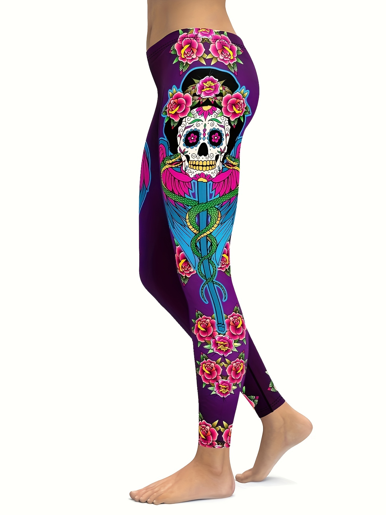Women's Activewear: Skull Flower Print Yoga Sports Leggings - Temu