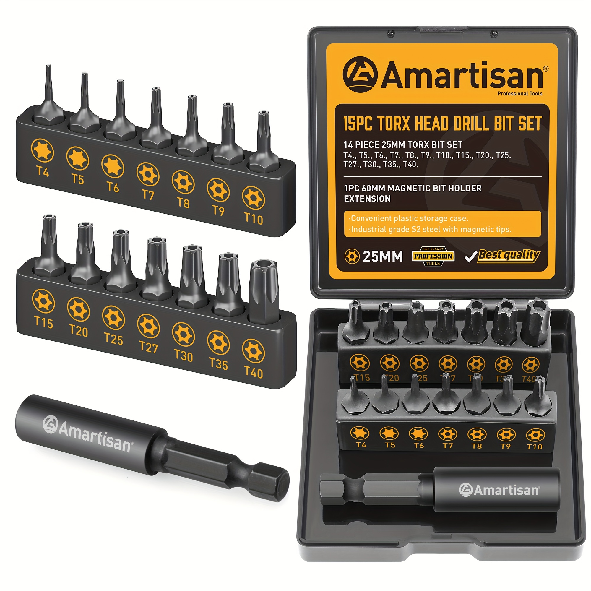 

15pcs Set Torx Screwdriver Bit Kit, Safety Tamper Proof Star Drill Bit Kit S2 Alloy Tool Steel, 1 "long T4-t40 And 1/4" Magnetic Extension