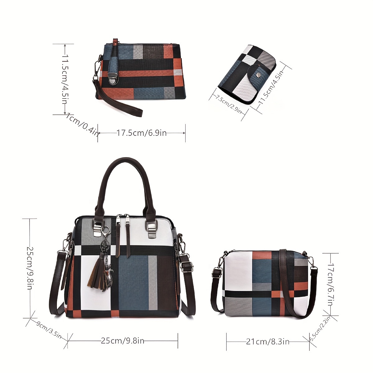 Plaid Pattern Handbag Set, Women's Fashion Colorblock Tote Bag