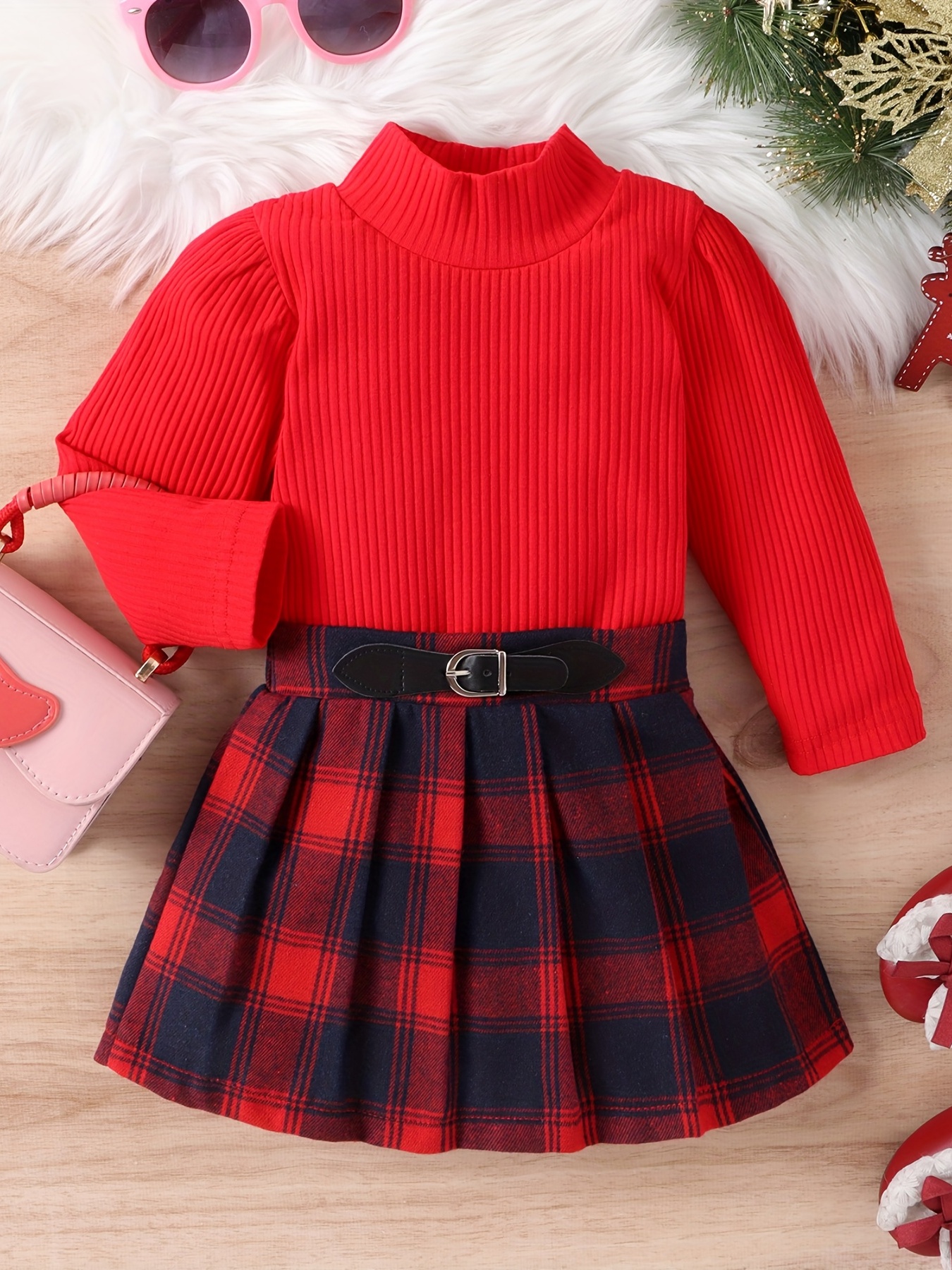 Cute Winter Dressy Sets  Girls Puff Turtleneck Top & Plaid Skort