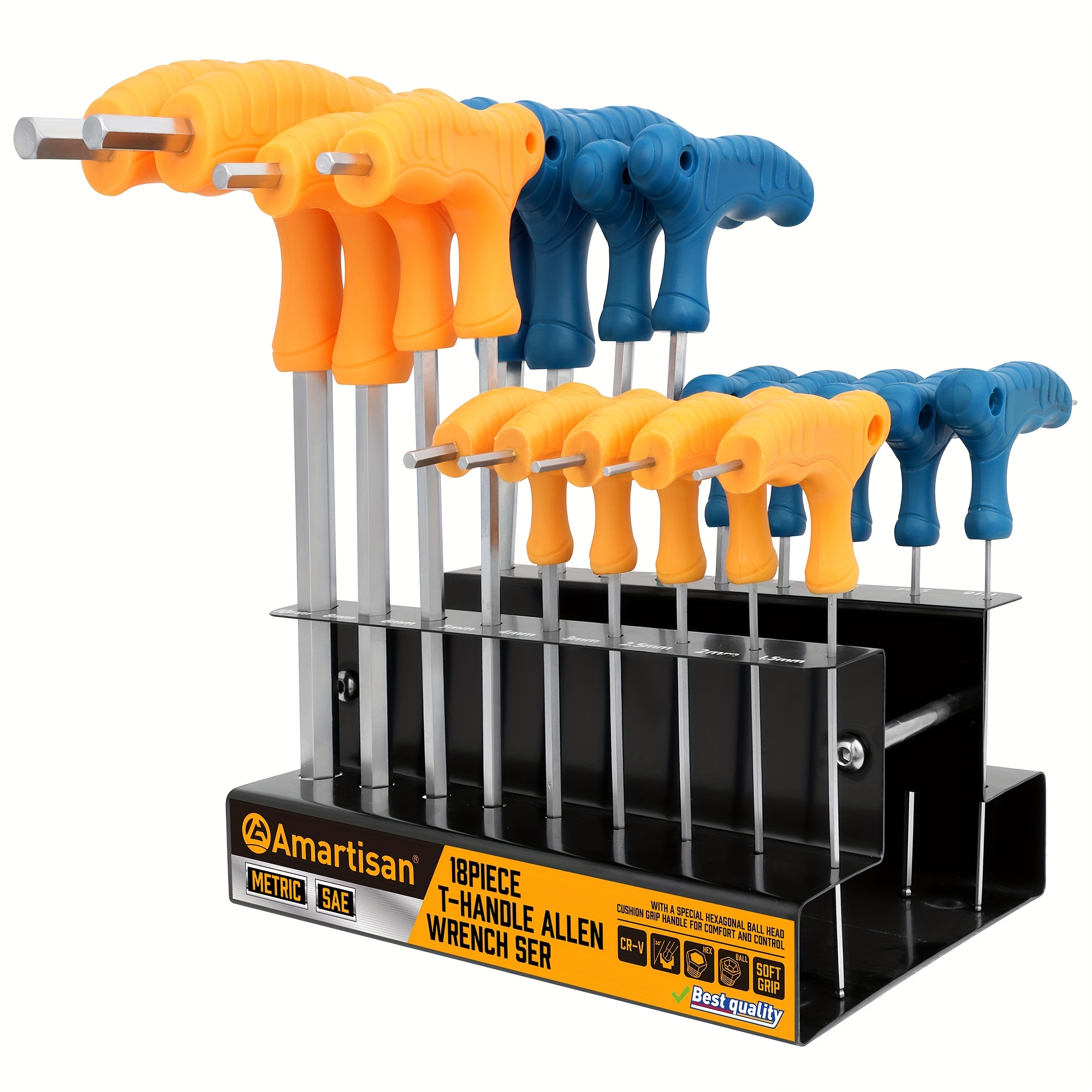 

18-piece T-handle Allen Wrench Set, Metric (1.5mm-10mm) And Sae (1/16"-3/8"), Long Arm Ball End Hex Key Wrench Set