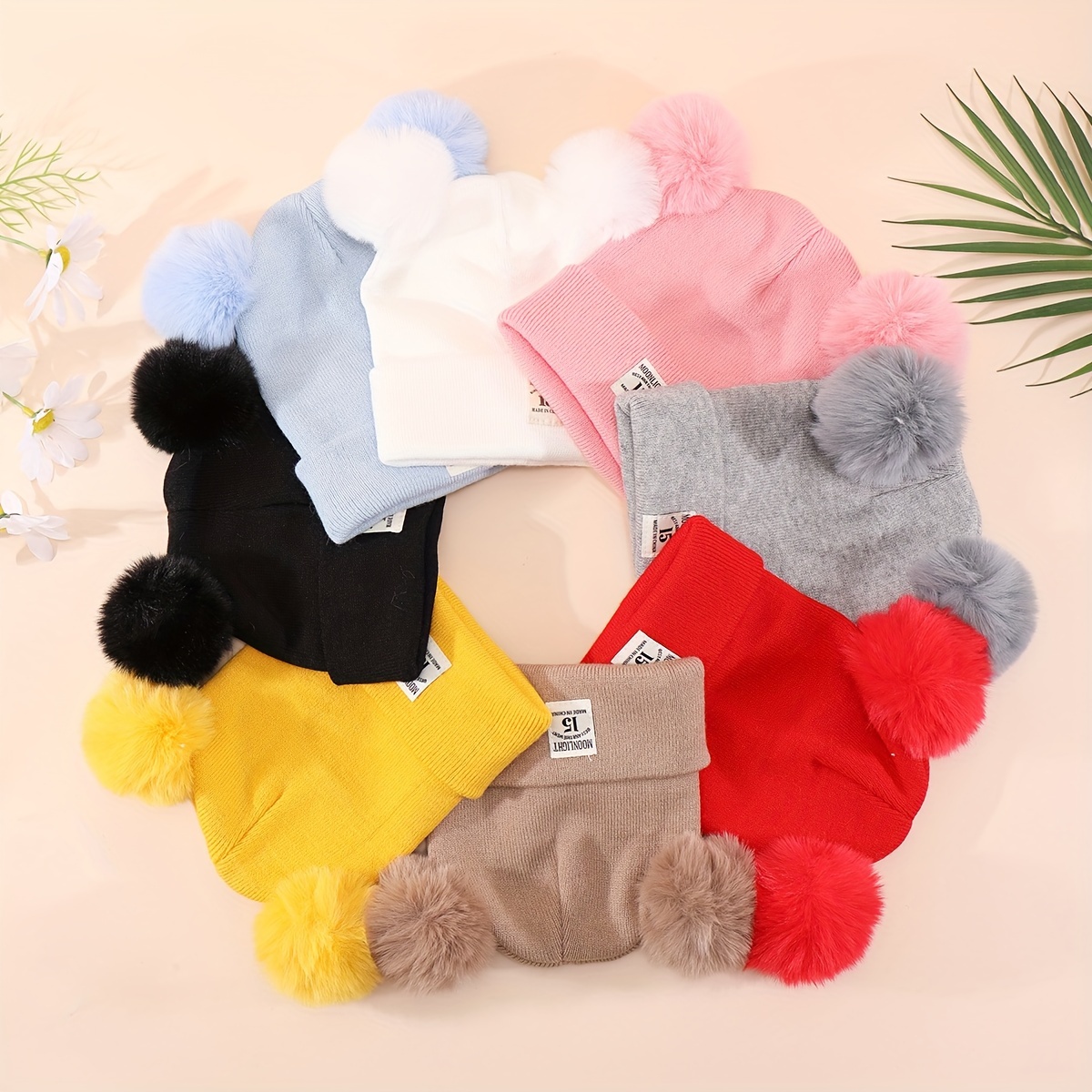 

1pc Solid Color Double Ball Hat, Baby Pullover Cloth Label Knitted Hat For Autumn And Winter