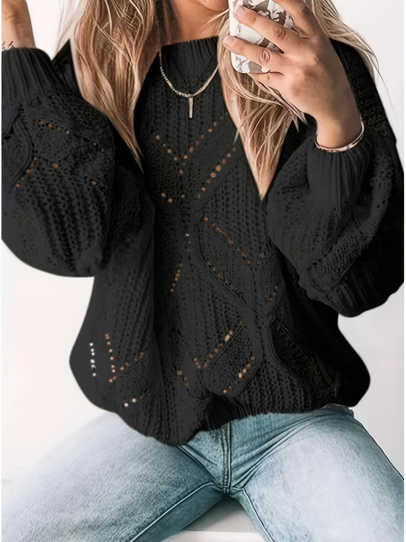 Solid Crew Neck Pointelle Knit Sweater Casual Long Sleeve - Temu