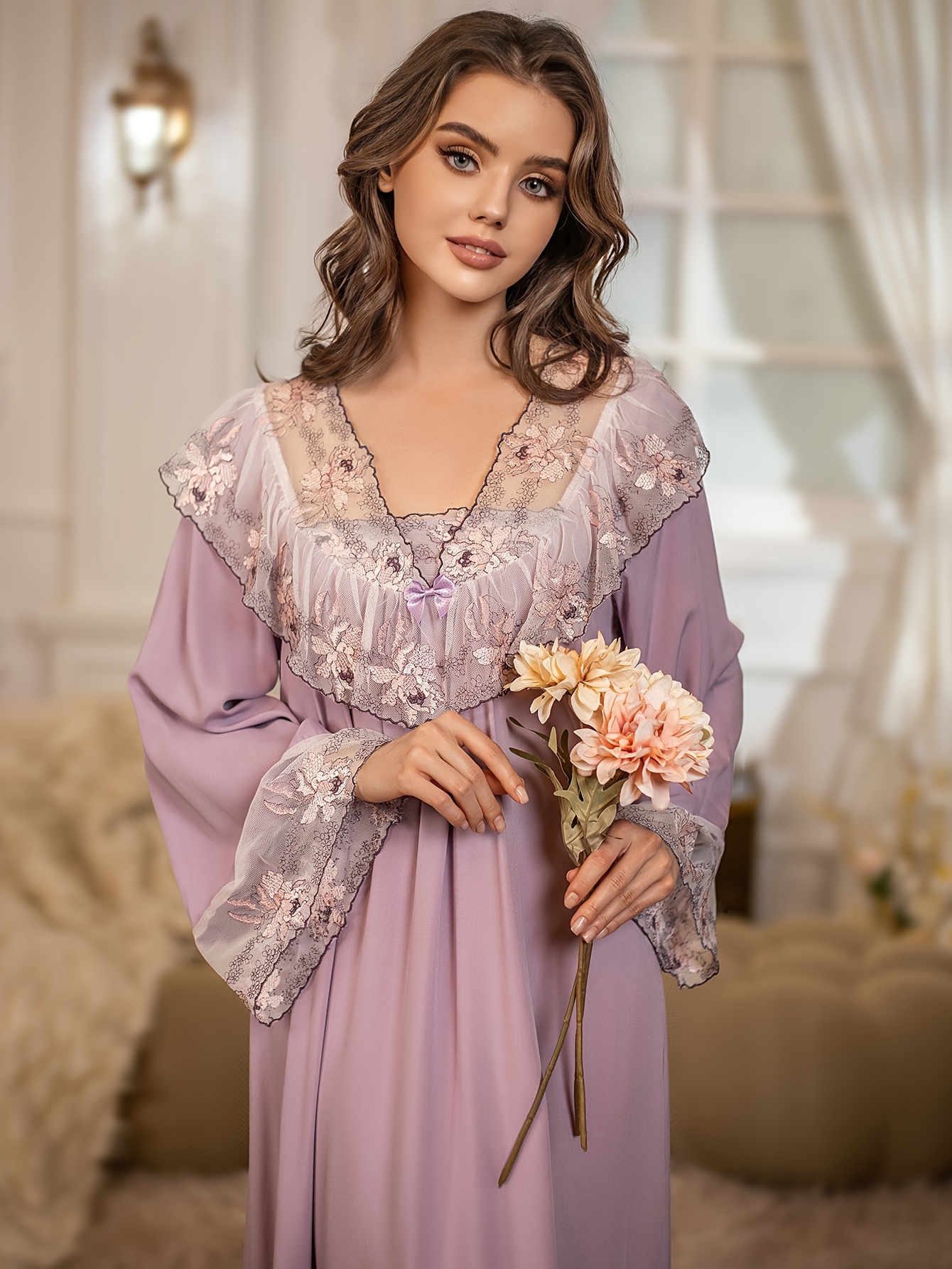 valentines day elegant floral embroidery contrast mesh nightdress bell sleeve v neck smock maxi sleep dress womens sleepwear dresses