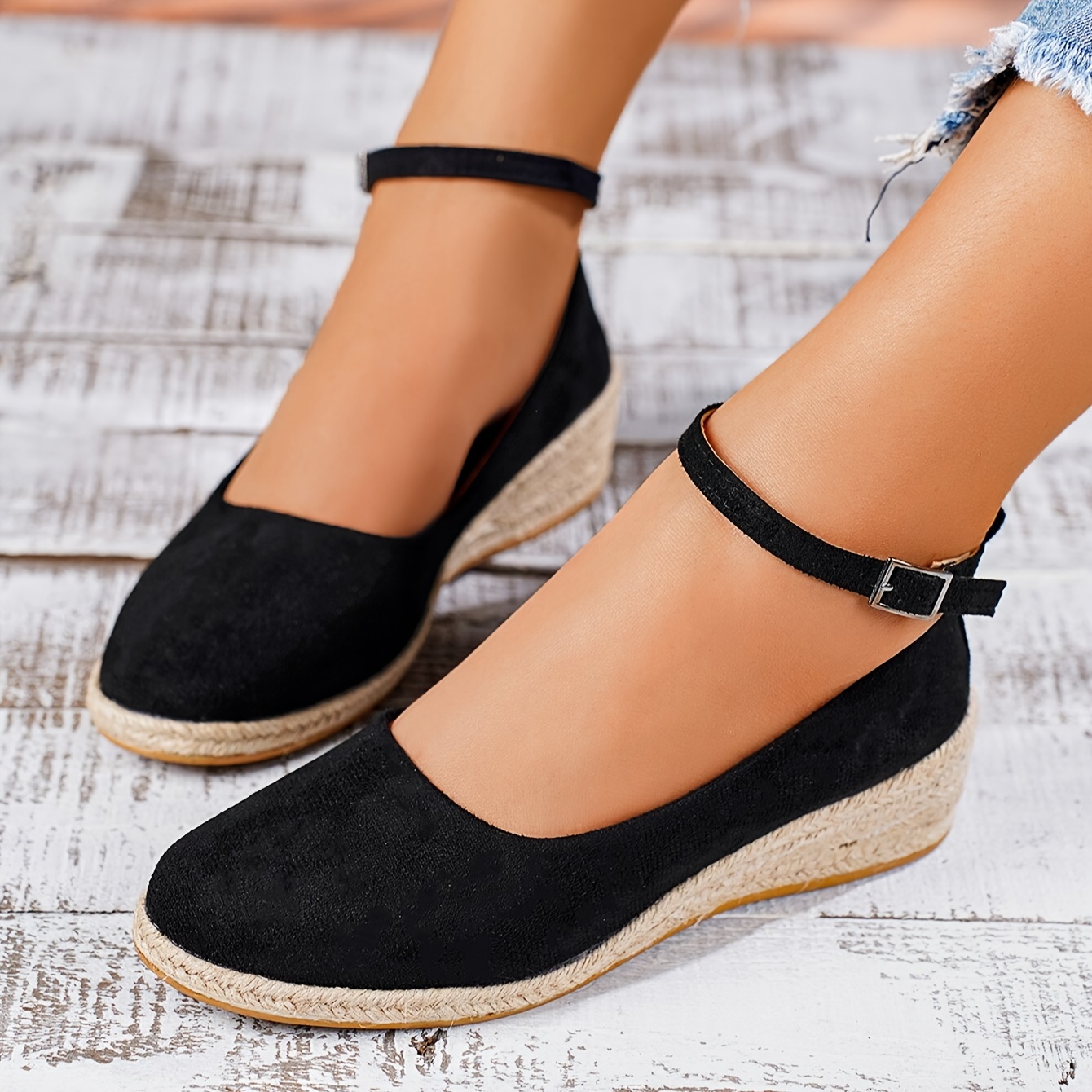 

Women's Solid Color Trendy Shoes, Ankle Strap Casual Shallow Mouth Daily Shoes, Espadrilles Low-top Wedge Shoes