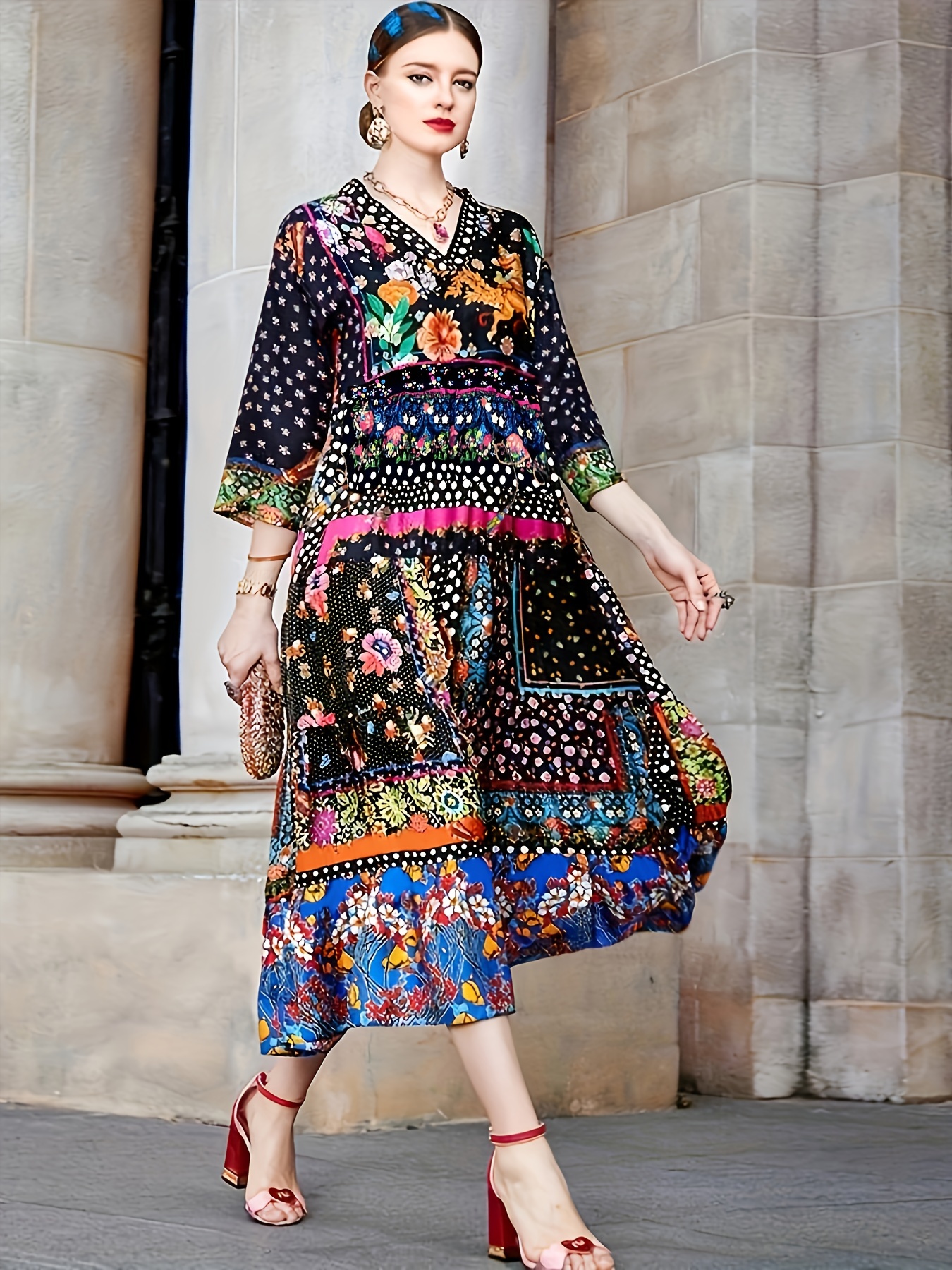 Plus Size Boho Dress Women's Plus Paisley Floral Print Bell - Temu