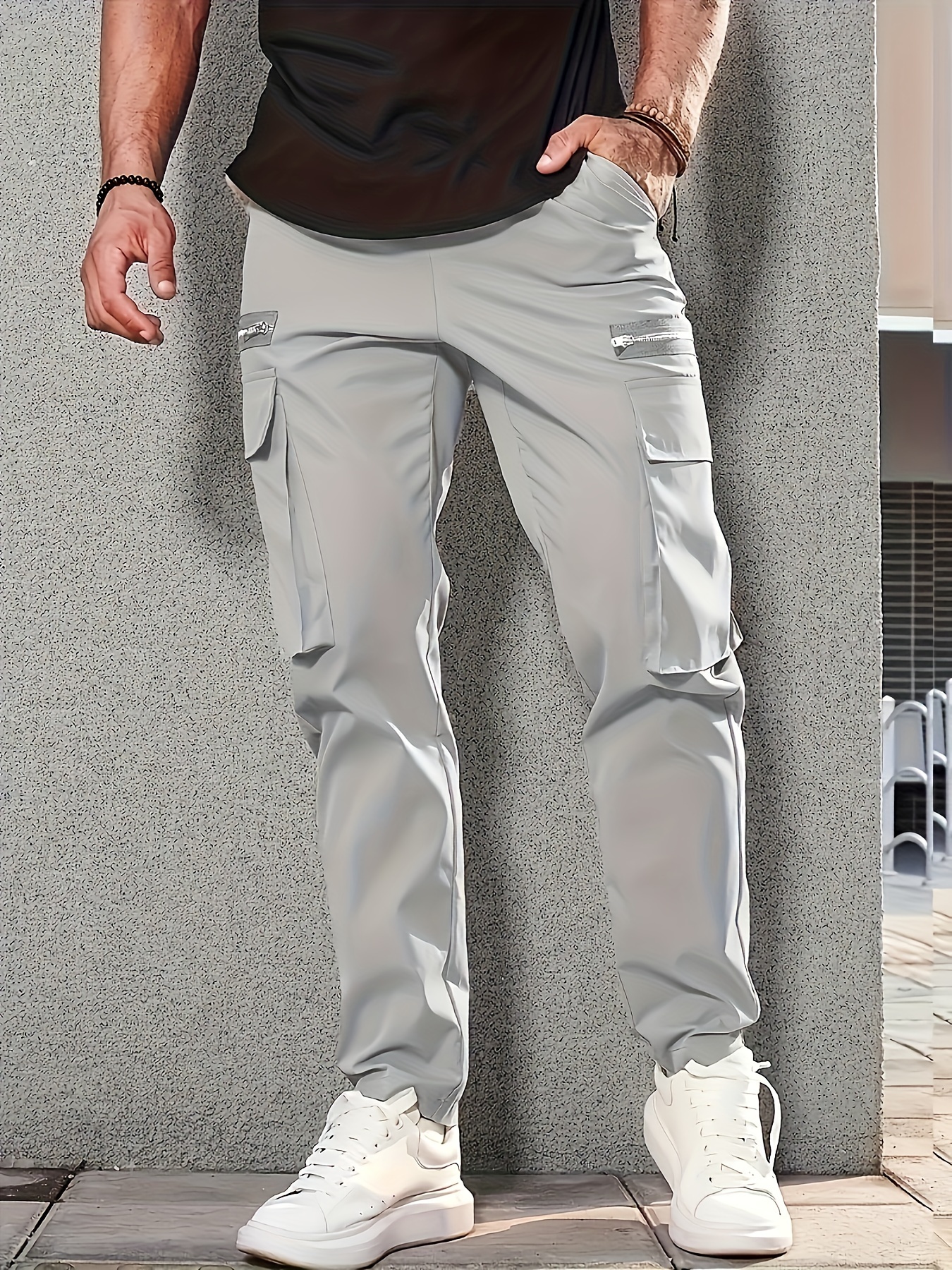 Trendy Solid Cargo Pants, Men's Multi Flap Pocket Drawstring