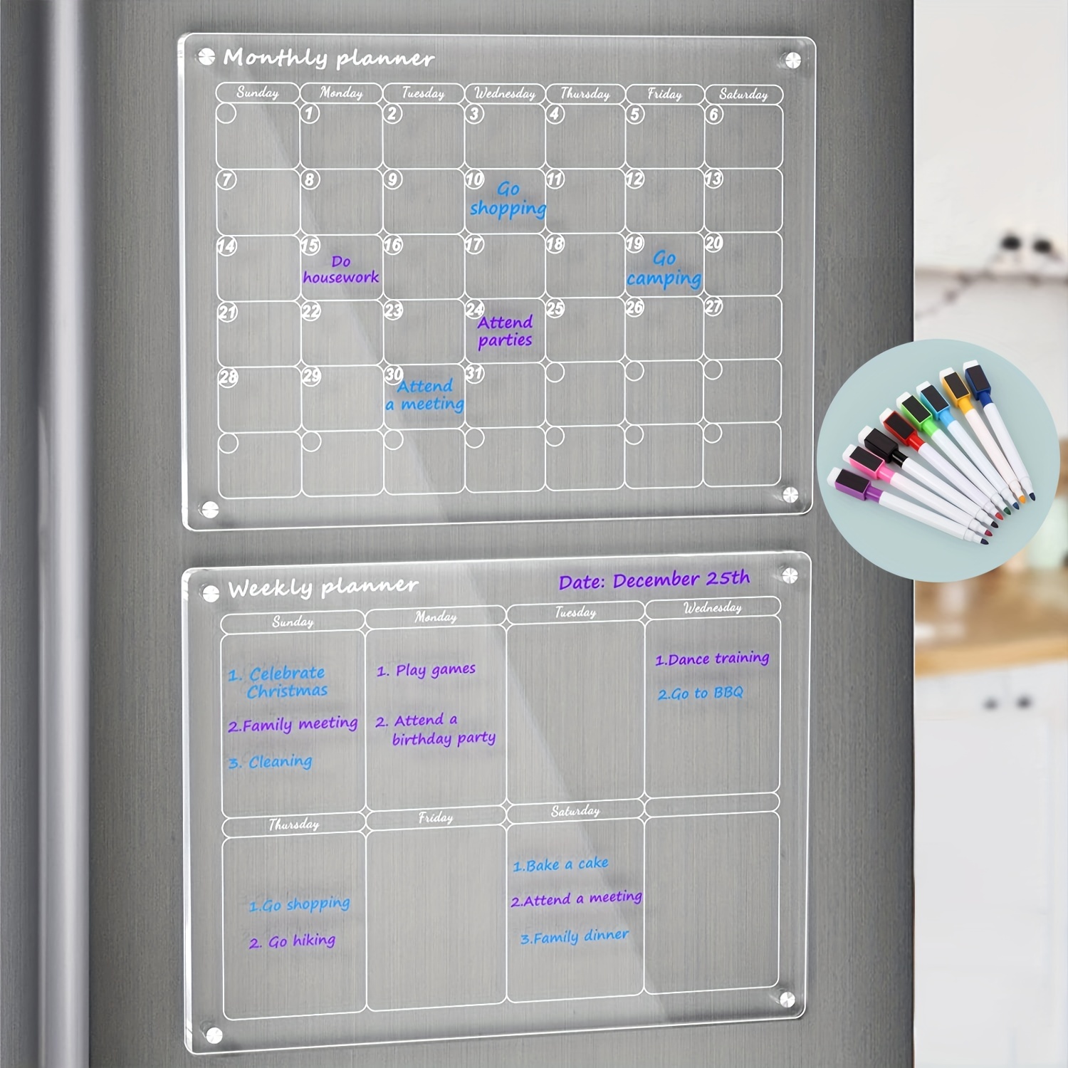 

Acrylic Magnetic Monthly And Weekly Calendar For Fridge,2 Sets Clear Magnetic Dry Erase Board Calendar For Fridge, Reusable Planner Whiteboard Calendar Includes 8 Markers 8 Colors
