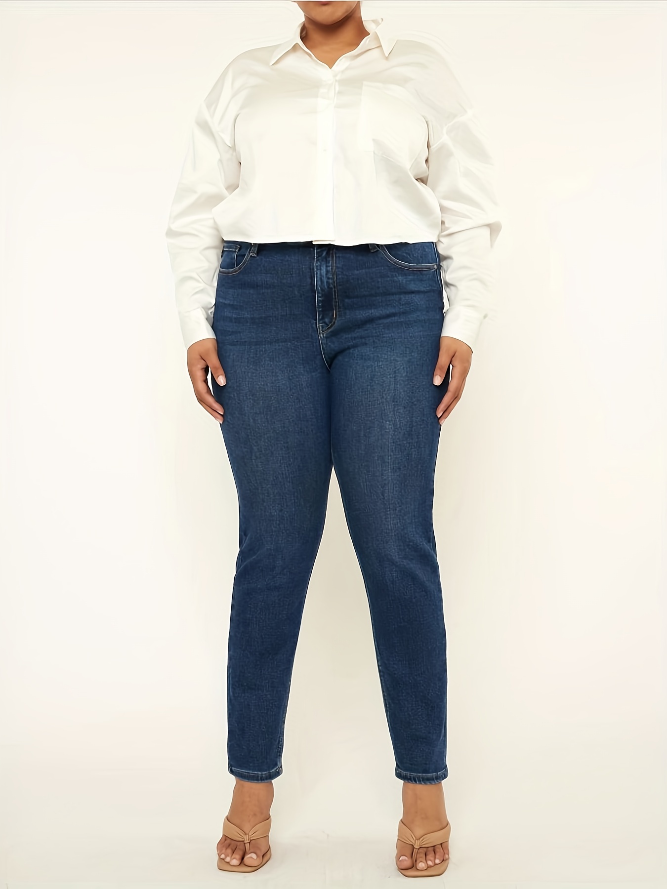 Calça Jeans Feminina Casual, Plus Size, Botão Lavado, Cintura Alta,  Stretch, Skinny