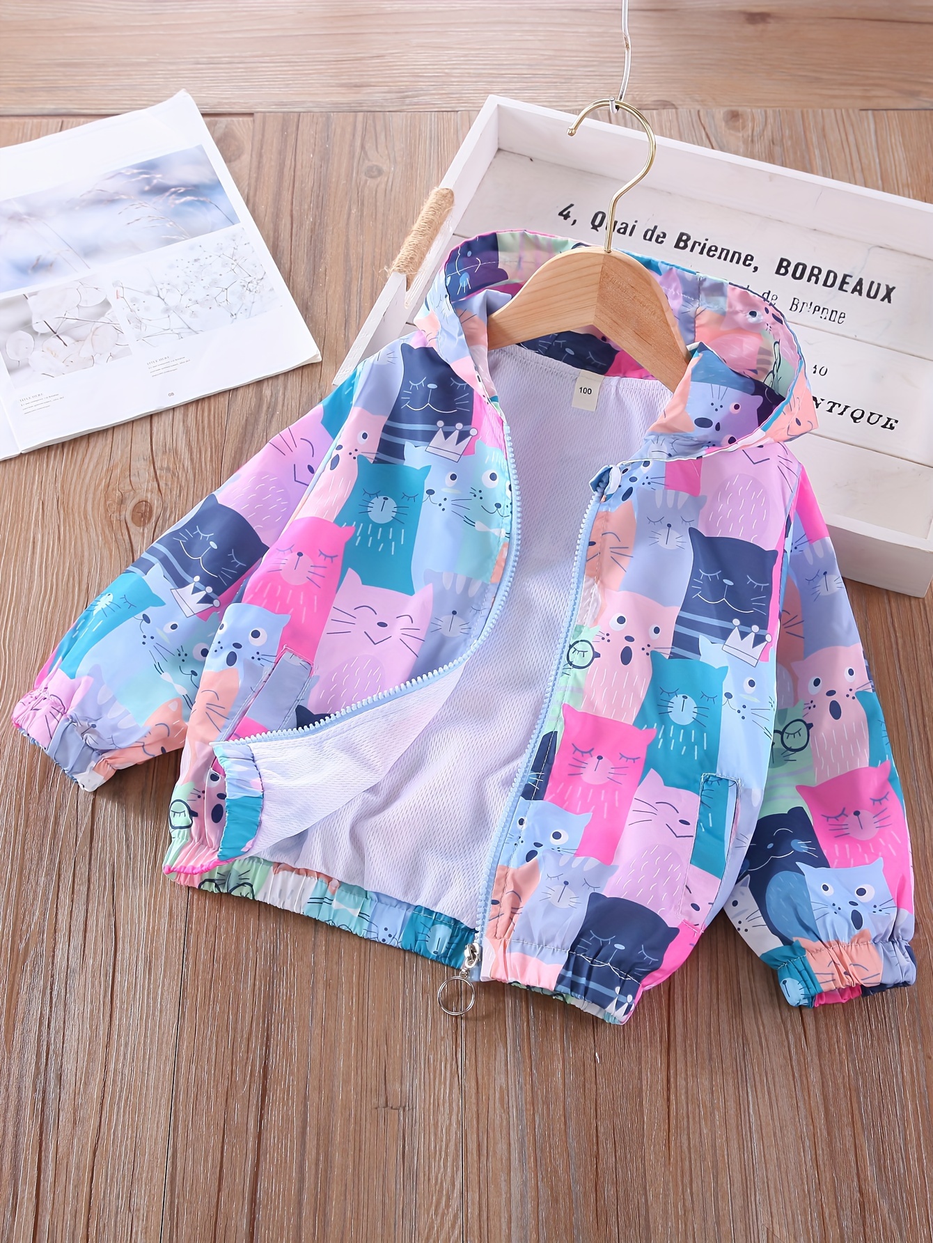 Cute Cat Print Girls Fleece Lined Hooded Jacket Casual Long - Temu