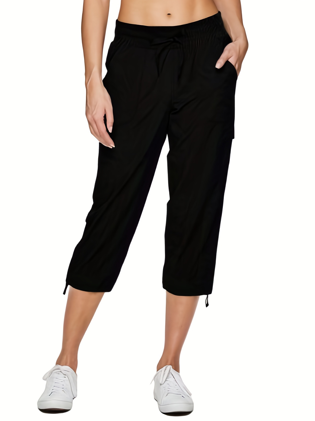 Athletic Works Womens Black Drawstring Pockets Activewear Capri Pants Size  Small