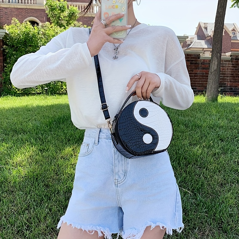 Crocodile Embossed Circle Bag Yin & Yang Crossbody Handbag