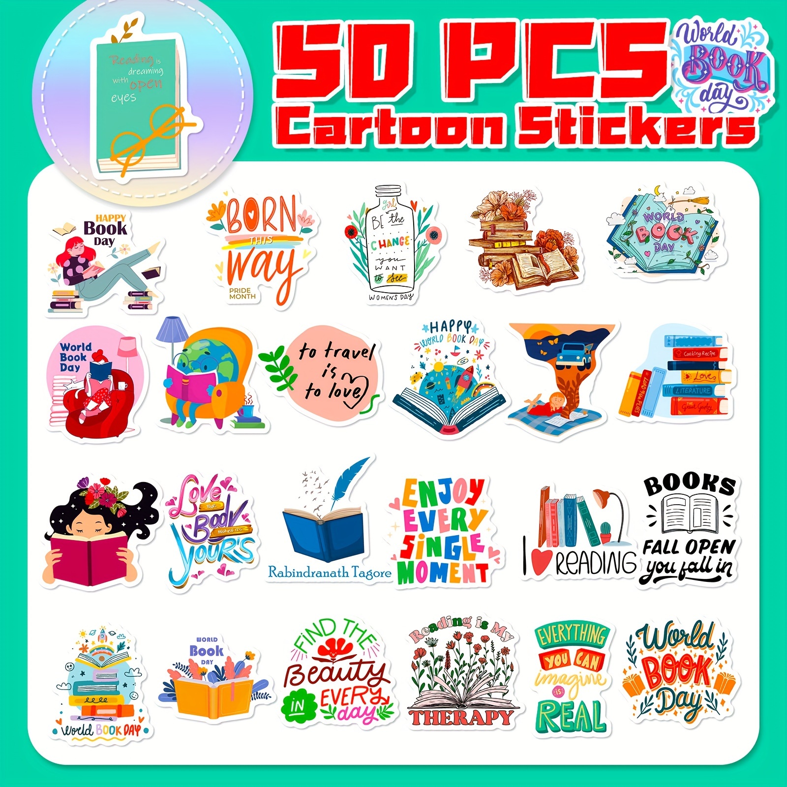 50pcs Book Stickers Pack For Water Bottle Laptop, Book Gifts, Reading  Stickers For Bookish Adults Book Lovers, Teachers Reading Rewards