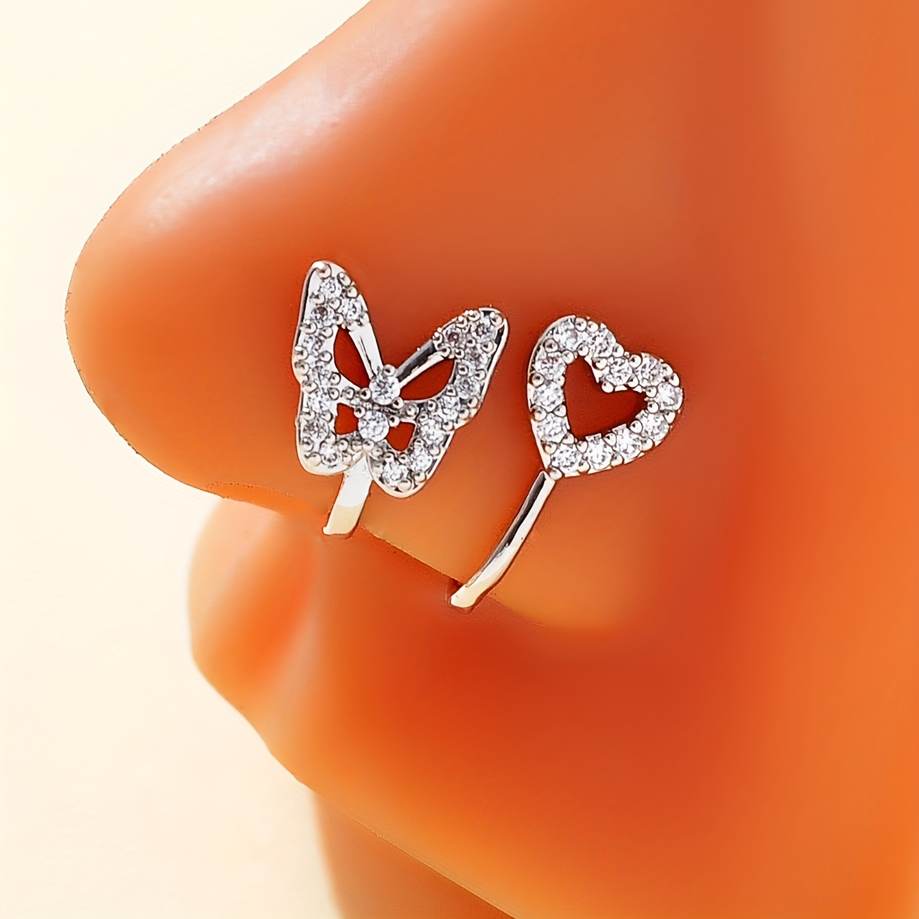 

2 Pcs Hollow Butterfly Hollow Love Heart Nose Clip Inlaid Shiny Zircon Fake Piercing Jewelry Set
