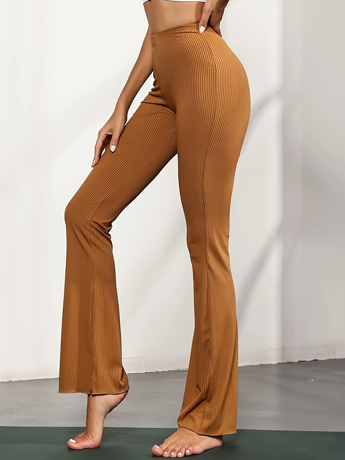 High Waist Ribbed Pants, Casual Solid Flare Leg Pants, Women's Clothing