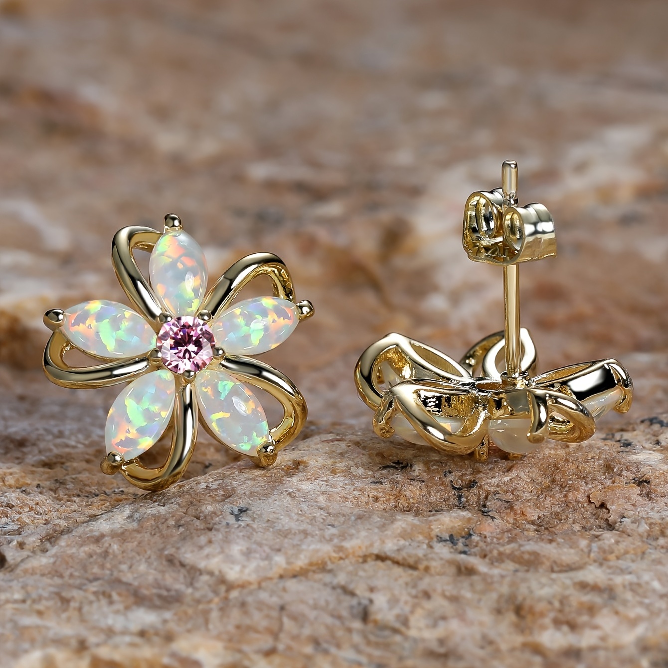 Opulent Flower Stud Earrings with Synthetic Opal Inlay, Plated