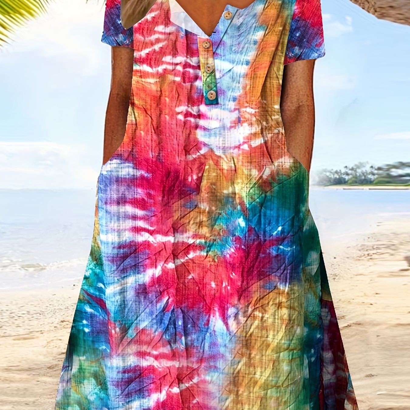 

Plus Size Casual Dress, Women's Plus Tie Dye Short Sleeve Slight Stretch Henley Dress With Pockets